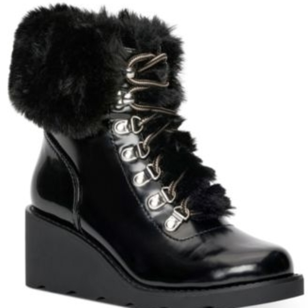 INC International Concepts Black Faux Fur Lace-Up Wedge Boots. Size 5. Brand New